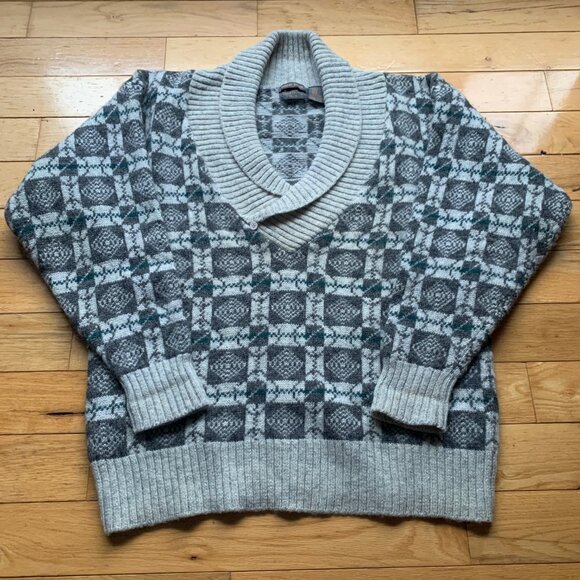 Vintage Robert Stock 100% Wool Shawl Collar Sweater Geometric Pattern Men’s L - Picture 1 of 8